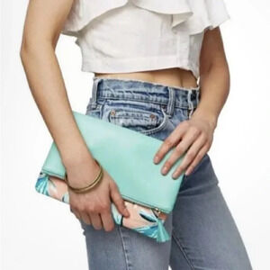 RACHEL PALLY Vegan Leather REVERSIBLE CLUTCH Coral/Mint Paradise. NEW W/OUT TAGS